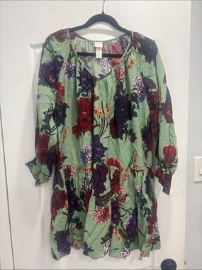 H&M Green Floral Tiered Dress with Red and Purple Blooms